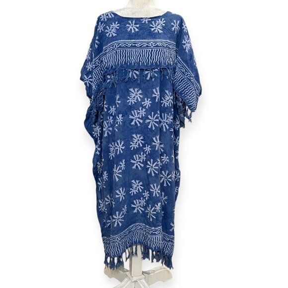 We Be Bop Blue Caftan Dress Tassel Hem Batik Print 100% Rayon OSFA Boho Festival - Picture 1 of 6